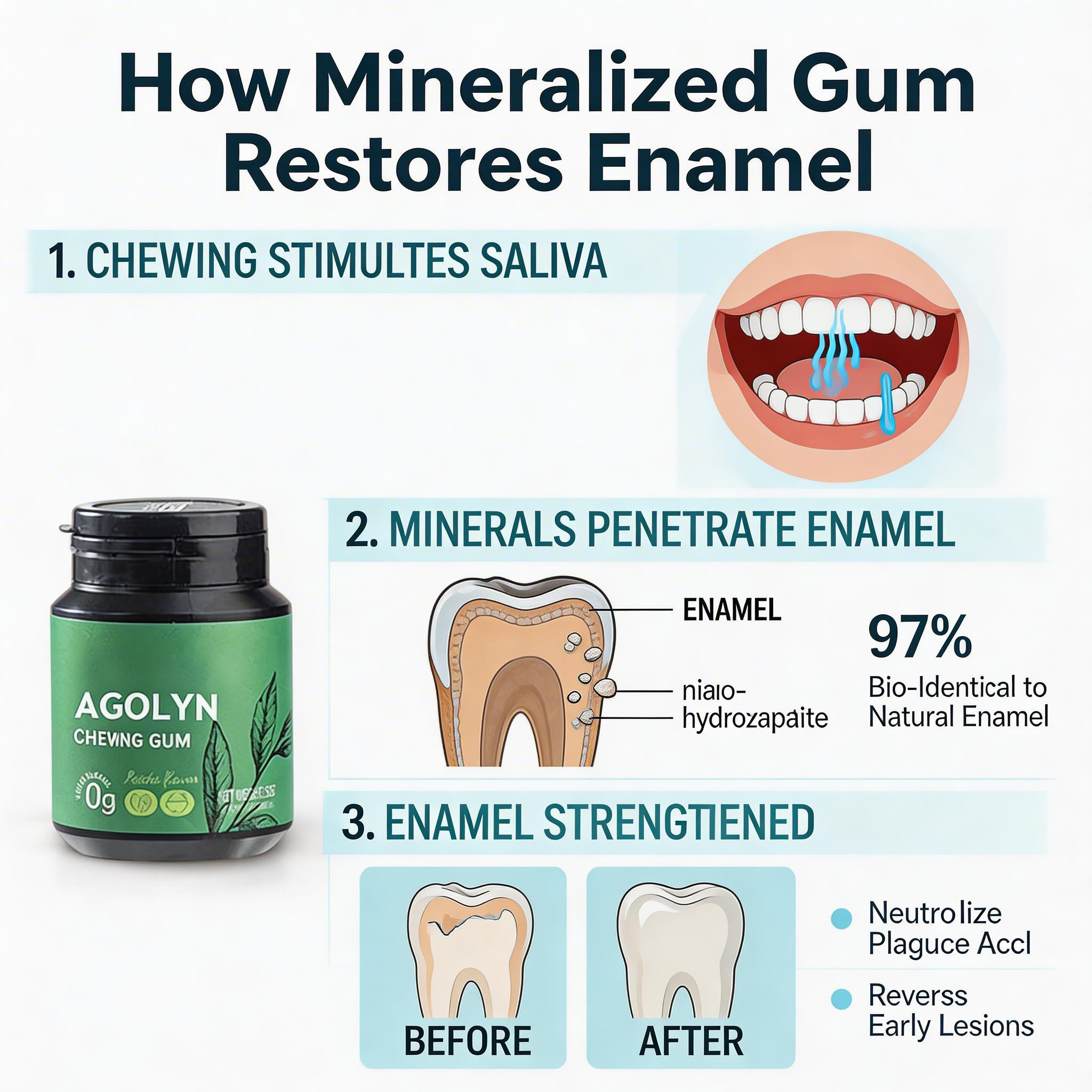 AGOLYN remineralizing chewing gum product display with mint and fruit flavors
