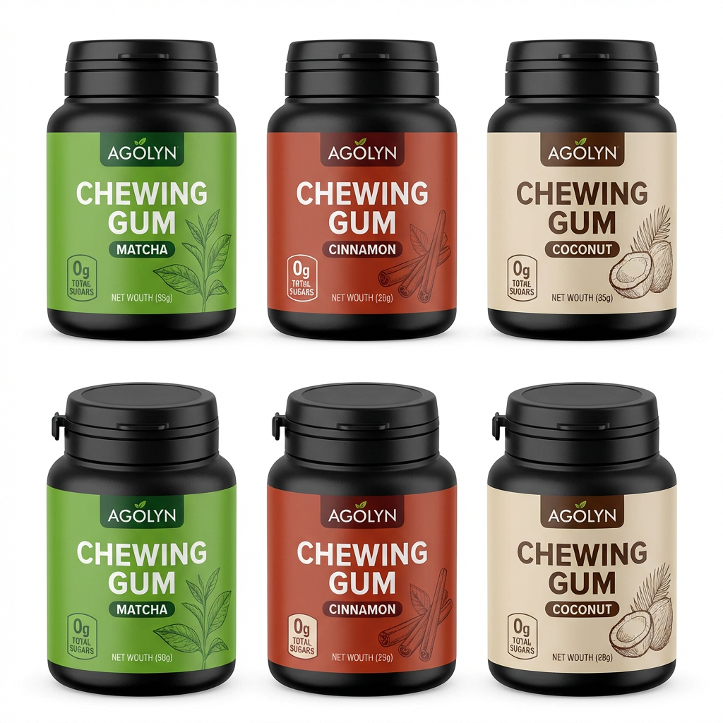 Custom packaging options for AGOLYN remineralizing gum including clinic packs and retail jars